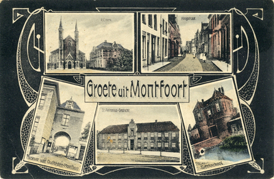 12466 Collage van gezichten op Montfoort, met van linksboven naar rechtsonder:- de R.K. kerk Heilige Johannes de Doper ...